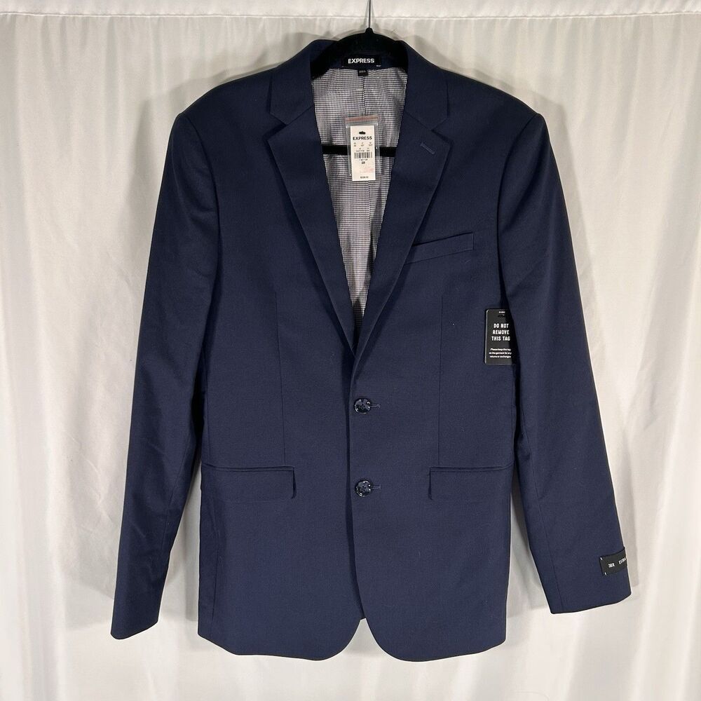 New Express Blazer Men's 38R Navy Blue 2 Button Front Pockets Extra Slim Cotton